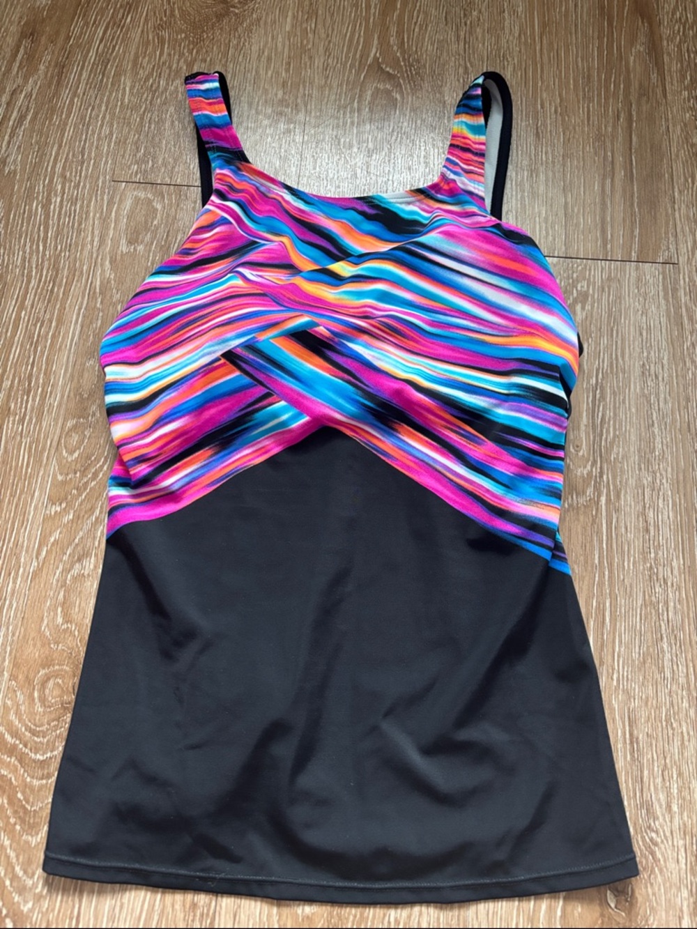 Reebok black & pink/blue multicolor tankini swim top, size 12